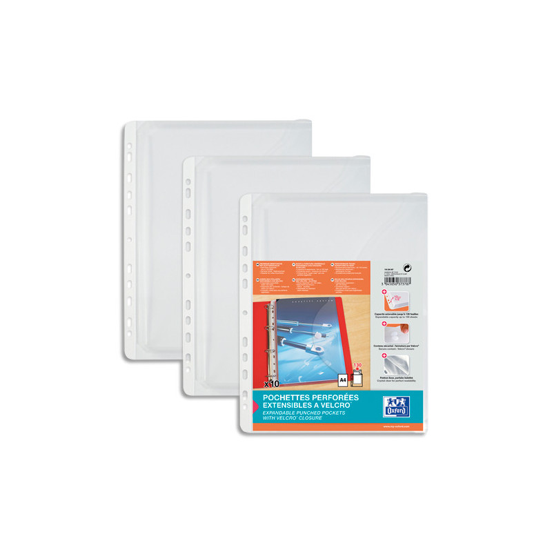 OXFORD Sachet de 10 pochettes perforées à VELCRO® et soufflet en polypro grainée 20/100e. A4,11 trous.