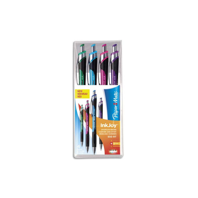 PAPERMATE Pochette 4 billes INKJOY 550 rétractable, pointe moyenne, encre assortie, corps caoutchouc