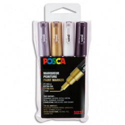 UNI POSCA Pochette de 4 marqueurs peint. Pointe extra fine de 0,7 à 1 mm (PC1MC). Or, argent, blc, noir