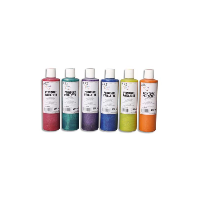 ART PLUS Lot de 6 flacons 250ml gouache. Assortis pailleté : Bordeaux, Vert, Violet, Bleu, Jaune, Orange