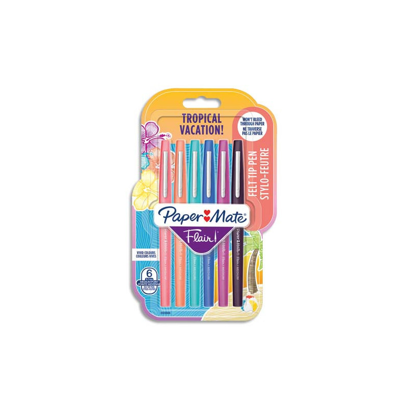 PAPERMATE Pochette de 6 Stylos feutres Flair Original Tropical, pointe 0,4mm