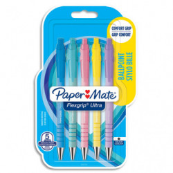 PAPERMATE Blister de 5 bille Flexgrip Ultra Pastel rétractable, encre noire, pointe 1.0 mm, corps pastel