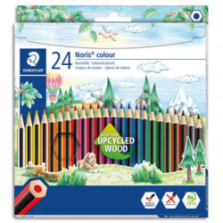 STAEDTLER Etui de 24 crayons de couleurs Noris 185. Fabriqué en bois upcycle. Corps hexagonal. Assortis