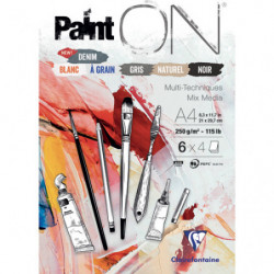 CLAIREFONTAINE Bloc PaintON collé 24F 250g. A4.Assortis 6x4 blanc, à grain, gris, naturel, noir et denim