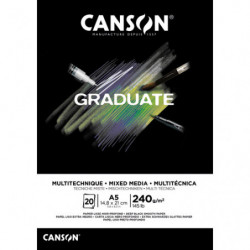 CANSON Bloc de 20 feuilles GRADUATE MIXED MEDIA. Format A5, 240 grammes. Papier lisse noir profond. Collé