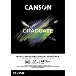 CANSON Bloc de 20 feuilles GRADUATE MIXED MEDIA. Format A4, 240 grammes. Papier lisse noir profond. Collé