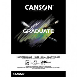 CANSON Bloc de 20 feuilles GRADUATE MIXED MEDIA. Format A3, 240 grammes. Papier lisse noir profond. Collé