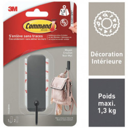 COMMAND Crochet simple adhésif 3M moyen en métal nickel noir - poids supporté 1,3kg - s'enlève sans trace