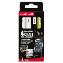 UNI-BALL Pochette de 4 marqueurs craie CHALK pointe fine conique. Couleurs : 2 Blancs, Noir, Jaune Fluo