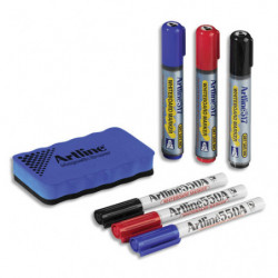 ARTLINE Kit pour tableau blanc avec 1 brosse magnétique + 6 marqueurs 3 coloris assortis