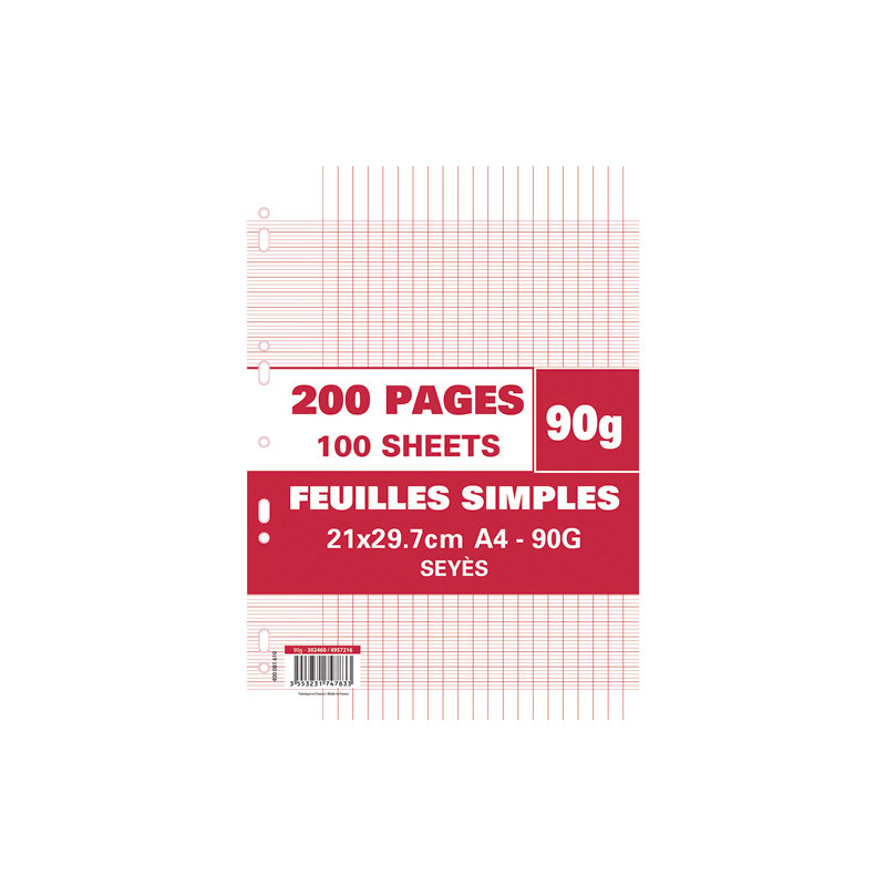 Sachet de 200 pages copies simples grand format A4 grands carreaux Seyès 90g perforées