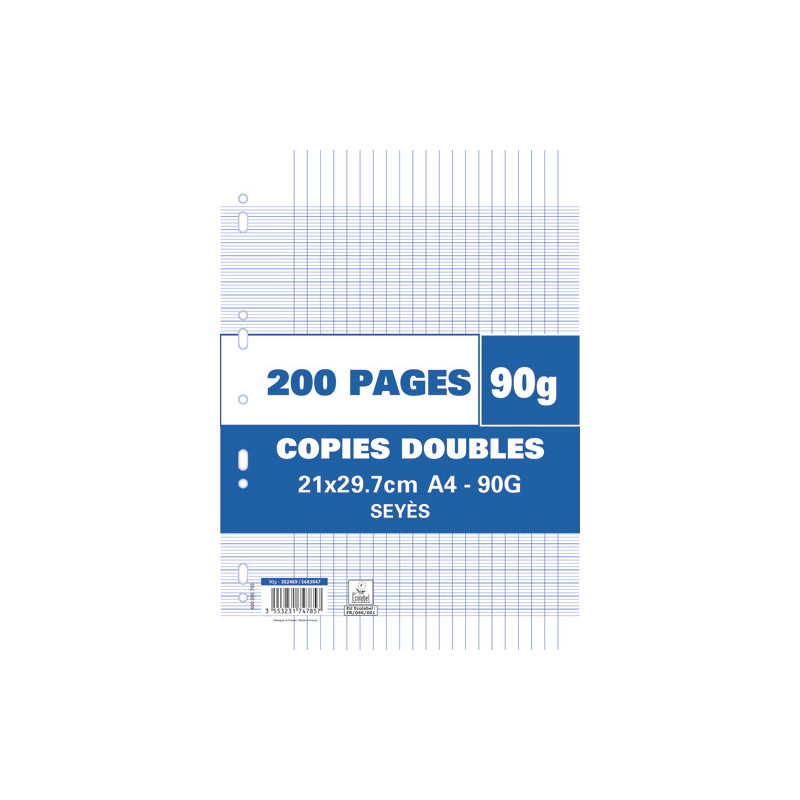 Sachet de 200 pages copies doubles grand format A4 grands carreaux Seyès 90g perforées