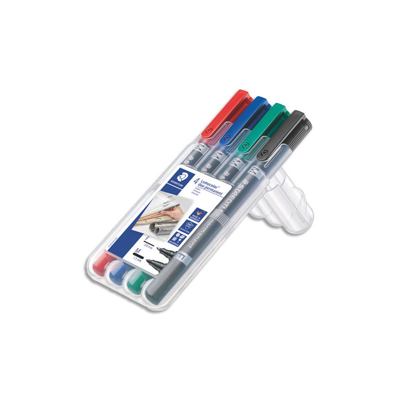 STAEDTLER Etui rigide de 4 marqueurs LUMOCOLORpermanent duo double pointe -coloris assortis