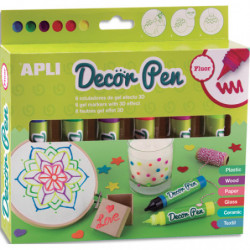 APLI KIDS Boîte de 6 marqueurs gel à effet 3D finition fluo, couleurs ass (jne, rs, rge, vio, vrt et bl)