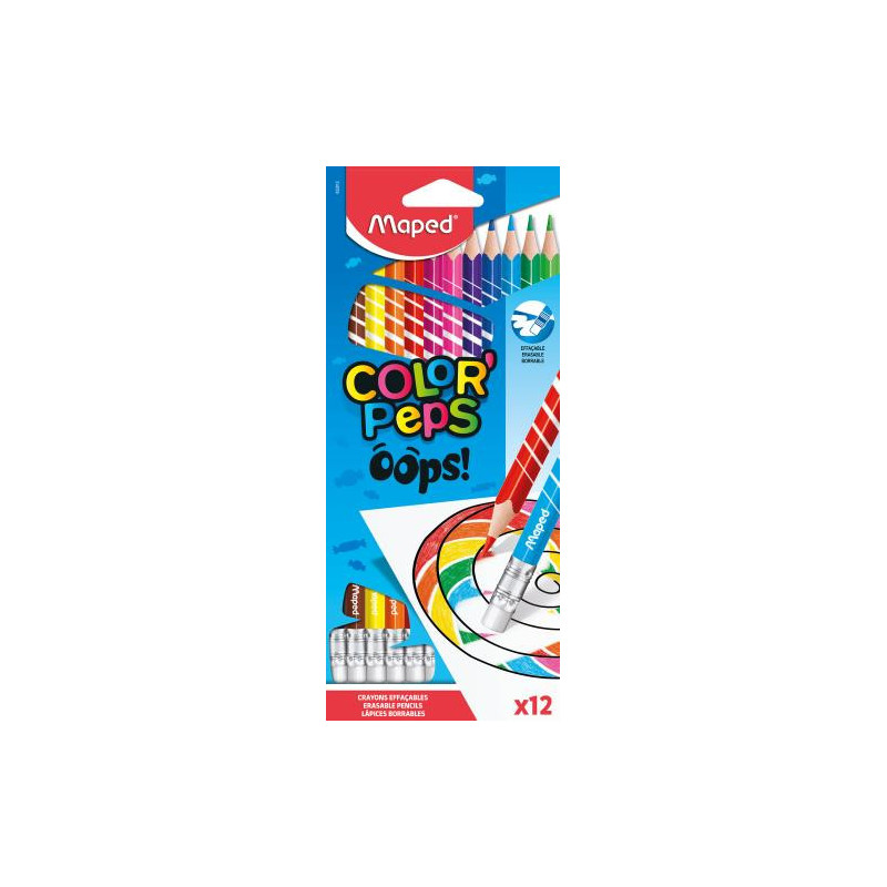 MAPED Pochette de 12 crayons de couleur effaçables OOPS COLOR'PEPS. Embout gomme. Couleurs assorties