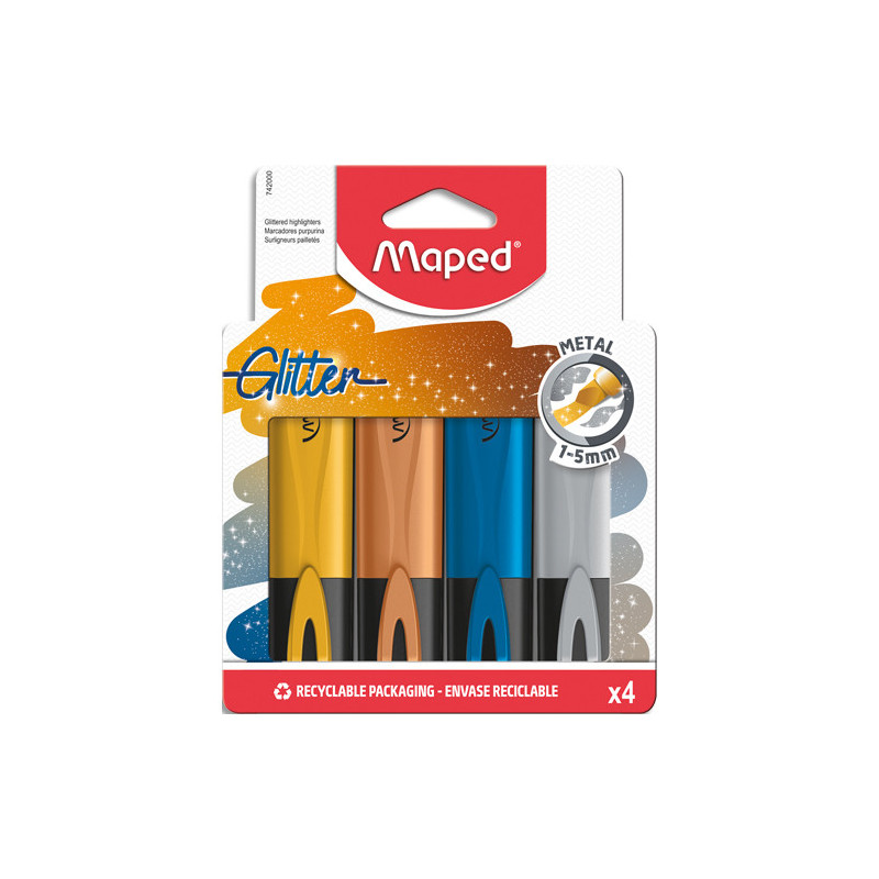 MAPED Etui carton de 4 Surligneurs Fluopeps GLITTER METAL. Coloris Or, Cuivre, bleu métal, gris métal