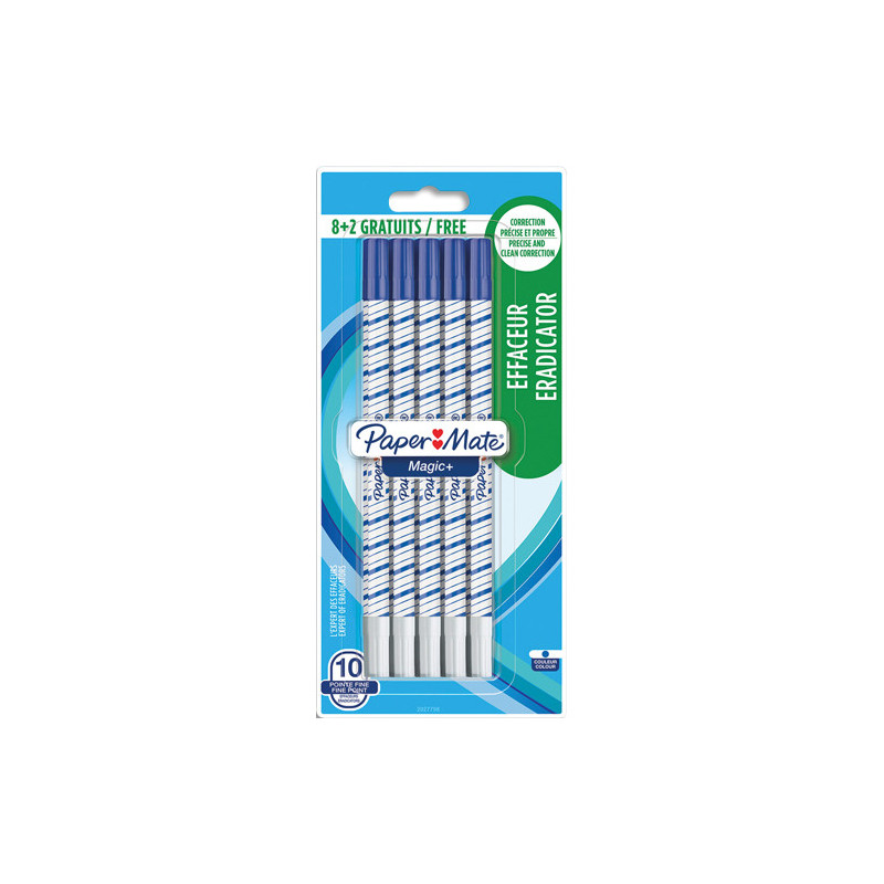 PAPERMATE Blister de 10 effaceurs réécriveur pointe fine MAGIC. Encre bleue