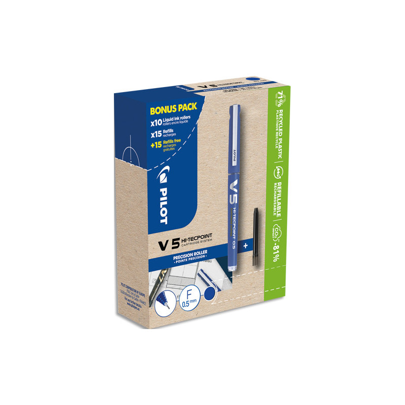 PILOT Greenpack de stylo encre liquide VBALL 05. Comprend 10 stylos + 10 Sets de 3 recharges. Bleu