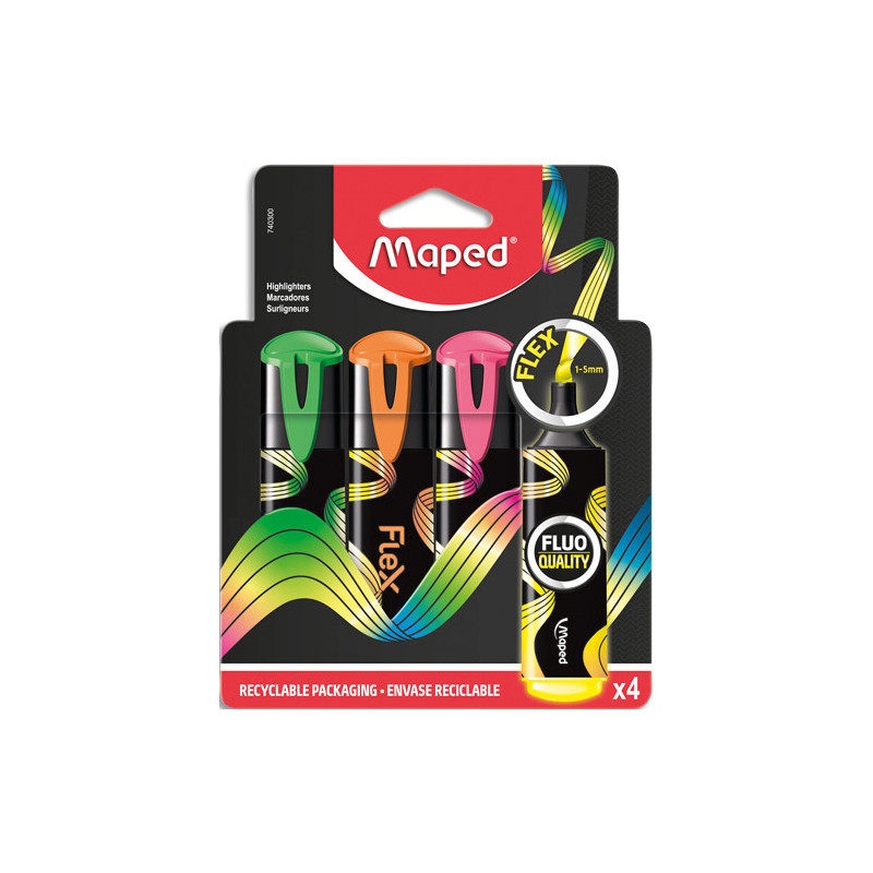 MAPED Etui carton de4 surligneurs FLEX. Pointe douce et flexible. Couleurs jaune, vert, rose, orange