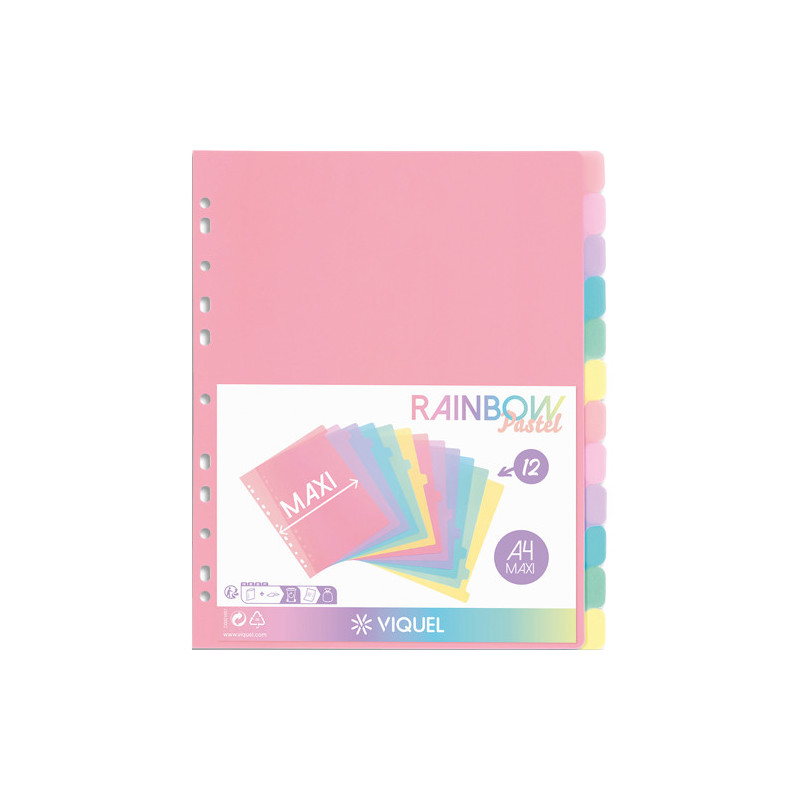 VIQUEL Jeu de 12 intercalaires polypropylène RAINBOW A4 maxi. Coloris multicolores
