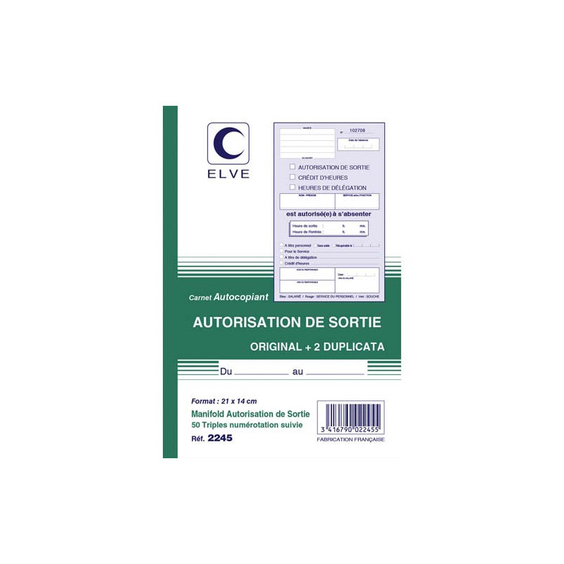 ELVE Manifold autocopiant Autorisation de Sortie format 21x14cm, 50 feuillets tripli