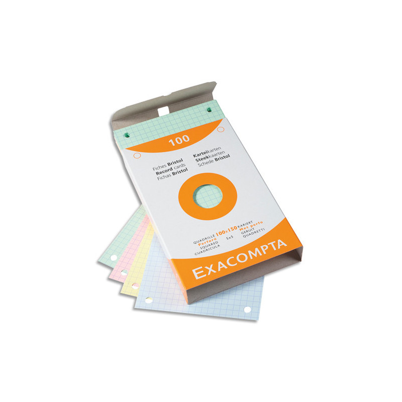 EXACOMPTA Étui de 100 fiches bristol perforées 100x150mm quadrillées 5x5 assortis