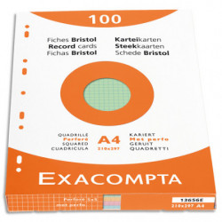 EXACOMPTA Étui de 100 fiches bristol perforées 210x297mm A4 quadrillées 5x5 assortis