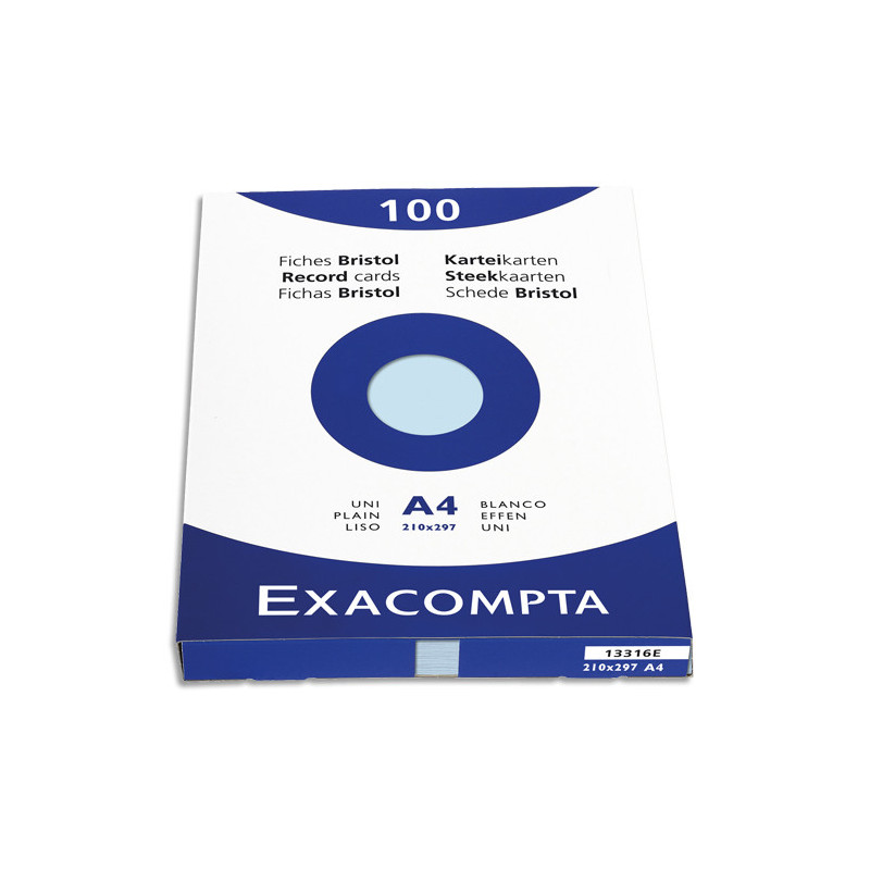 EXACOMPTA Étui de 100 fiches bristol non perforées 210x297mm A4 unies bleu azur