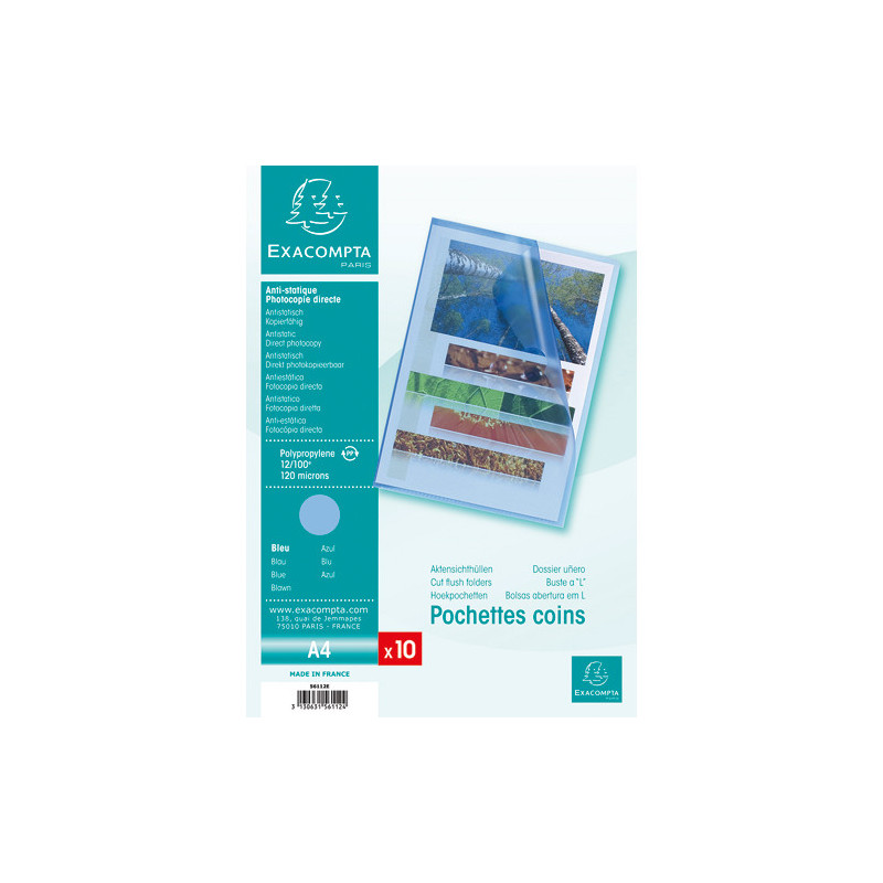 EXACOMPTA Sachet 10 pochettes coins polypropylène grainé 12&#47;100e. Coloris Bleu