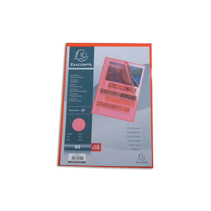 EXACOMPTA Sachet 10 pochettes coins polypropylène grainé 12&#47;100e. Coloris Rouge