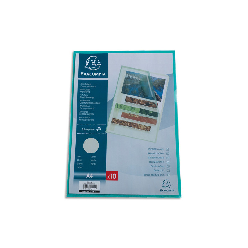 EXACOMPTA Sachet 10 pochettes coins polypropylène grainé 12&#47;100e. Coloris Vert