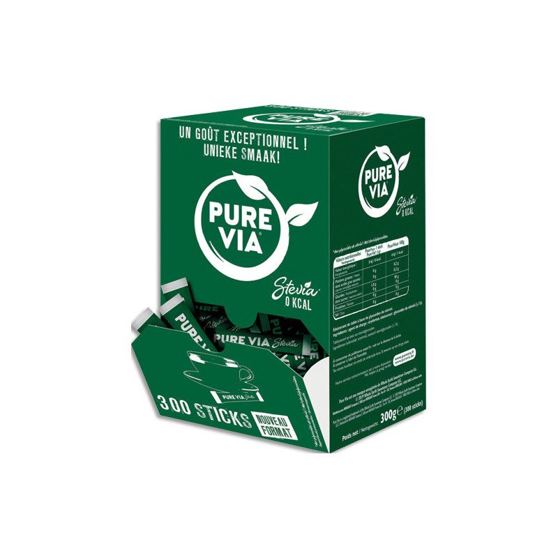 PUREVIA Edulcorant naturel sans calorie, pour le café ou le thé. Stick 1g. Boîte distributrice 300 sticks