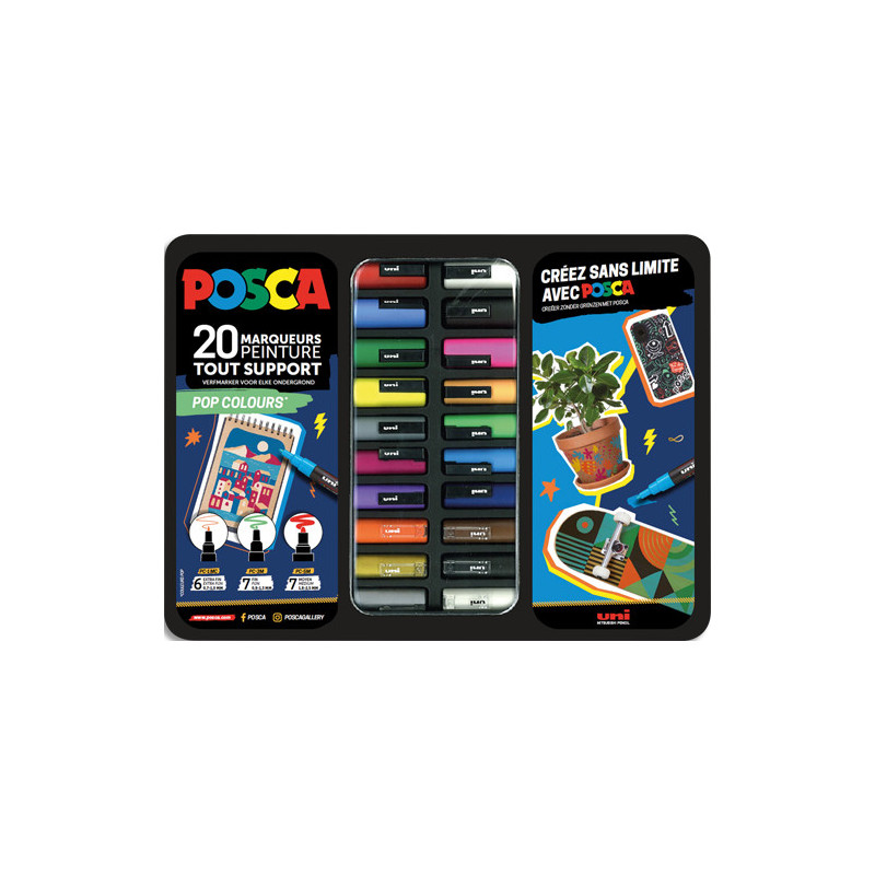 POSCA Mallette POP COLOURS de 20 marqueurs peinture. 3 pointes PC1MC, PC3MC et PC5M. Couleurs assorties