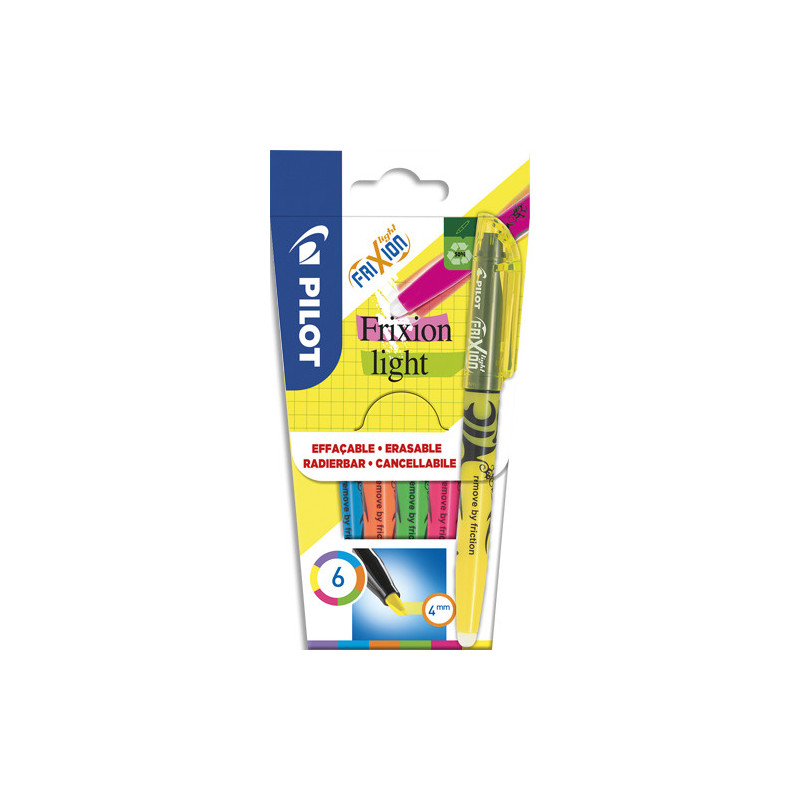 PILOT Pochette de 6 suligneurs effaçables FRIXION LIGHT. Pointe biseautée et gomme integrée. Assortis