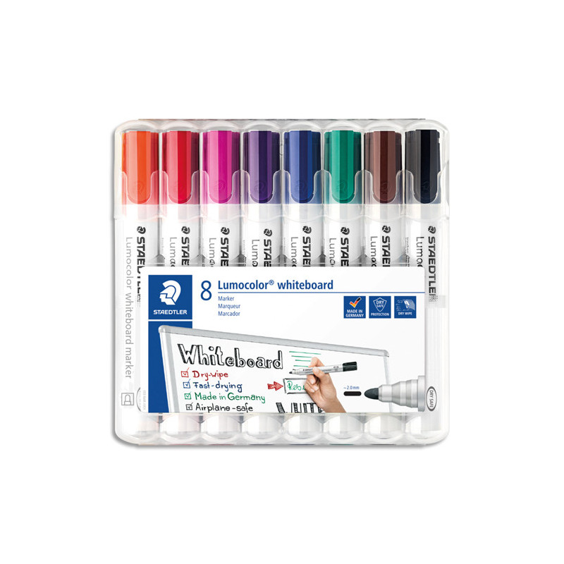 STAEDTLER Etui chevalet de 8 marqueurs effaçables à sec LUMOCOLOR. Pointe ogive 2mm. Couleurs assorties
