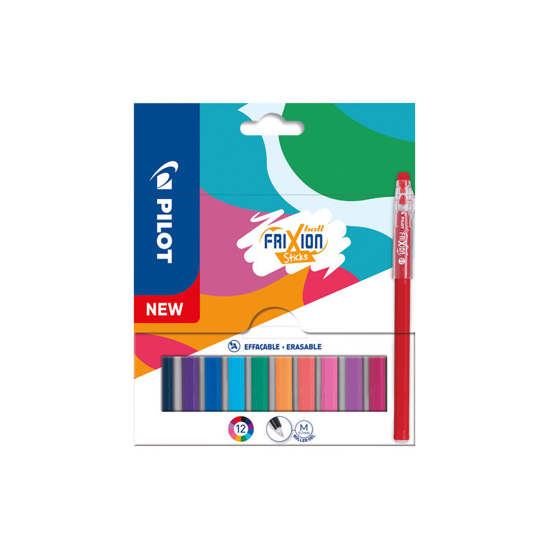 PILOT Pochette de 12 stylos à capuchon FRIXION BALL STICKS. Encre effaçable et gomme intégrée. Asso