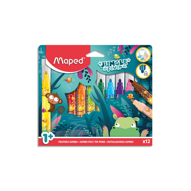 MAPED Pochette de 12 feutres de coloriage Jungle Fever. Format jumbo. Lavable
