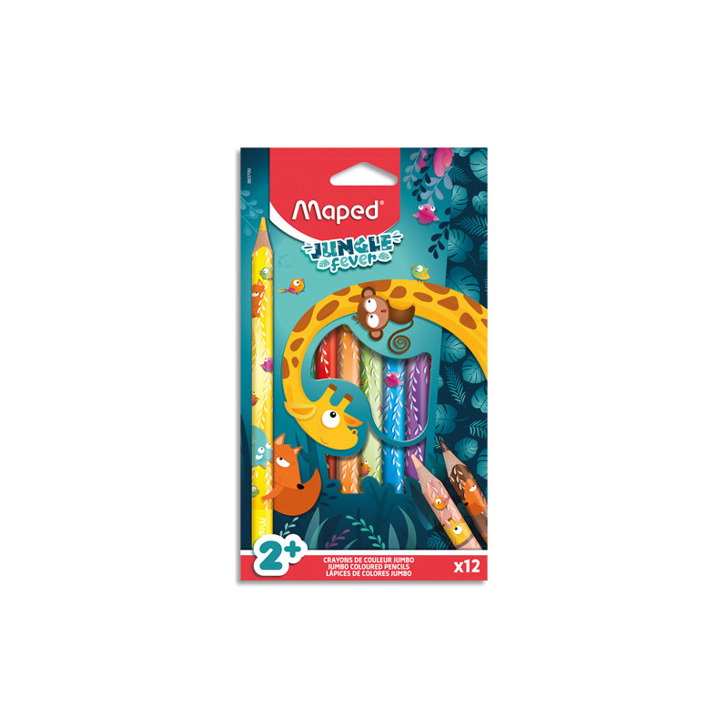 MAPED Pochette de 12 crayons de couleur Jungle Fever. Formart jumbo. 35% de matériaux recyclé