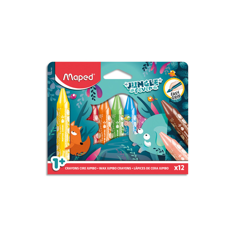 MAPED Pochette de 12 crayons cire Jungle Fever. Format jumbo. Texture grasse