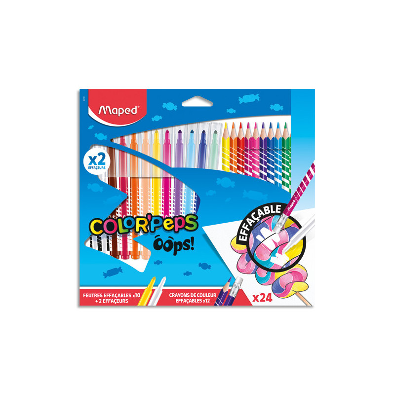 MAPED Combo pack Color Peps OOPS. 12 feutres coloriage dont 2 effaçeurs+12 crayons de couleurs avec gomme