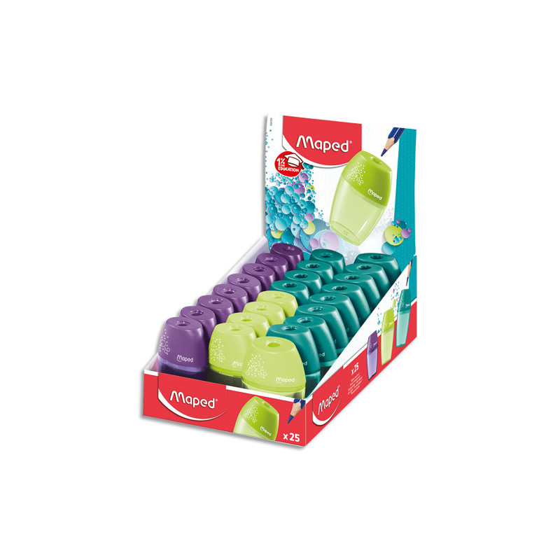MAPED Taille-crayons SHAKER, 1 usage. Grande capacité de réserve. Coloris aléatoires