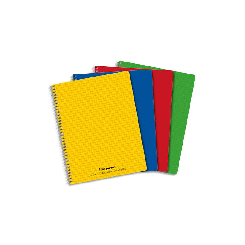 Cahier spirale 17x22cm 100 pages petits carreaux 5x5 90g. Couverture polypro assortie