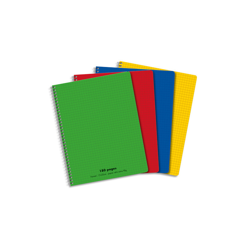 Cahier spirale 17x22cm 180 pages petits carreaux 5x5 90g. Couverture polypro assortie