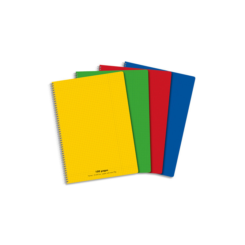 Cahier spirale 21x29,7cm 100 pages petits carreaux 5x5 90g. Couverture polypro assortie