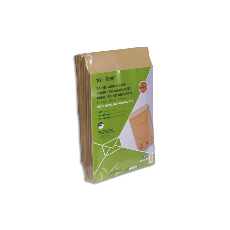 GPV Paquets de 10 pochettes kraft recyclé SUMO format D 195x265 bande de protection