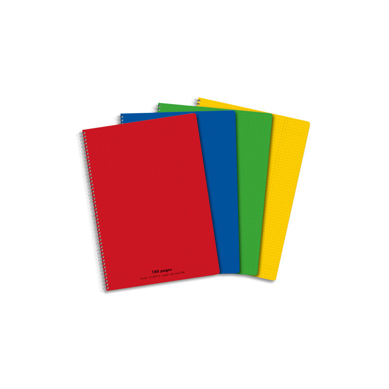 Cahier spirale 21x29,7cm 180 pages petits carreaux 5x5 90g. Couverture polypro assortie