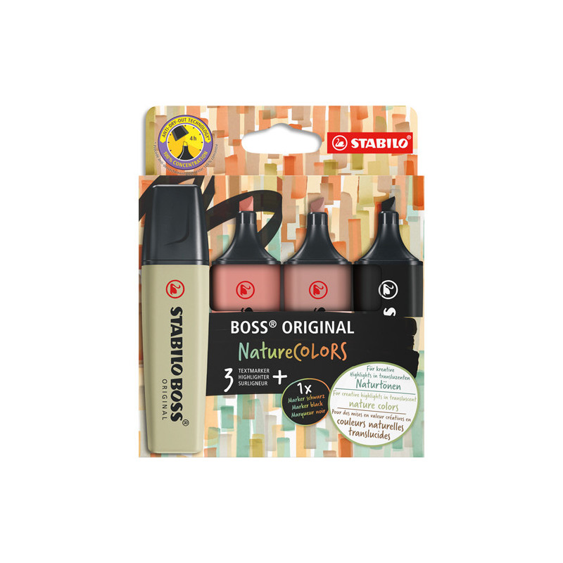 STABILO Etui carton 4 Surligneurs Boss Original Nature. Marron glacé, orange rouille, vert tilleul, noir