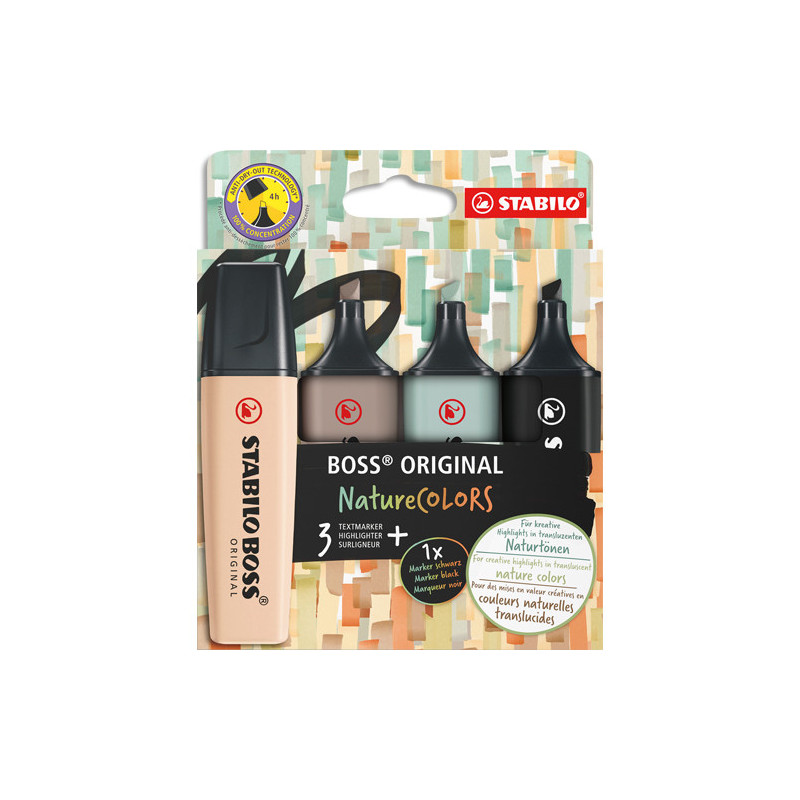 STABILO Etui carton 4 Surligneurs Boss Original Nature. Beige rosé, gris taupe, vert eucalyptus, noir