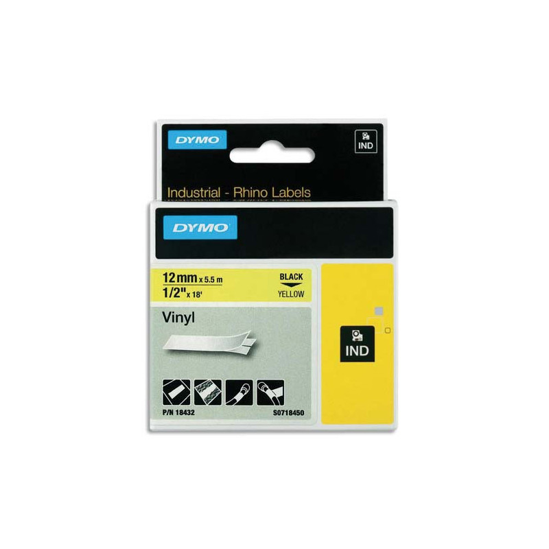 DYMO Ruban RHINO 12mmx5,5m Noir/Jaune Vinyle flexible et résistant S0718450/18432