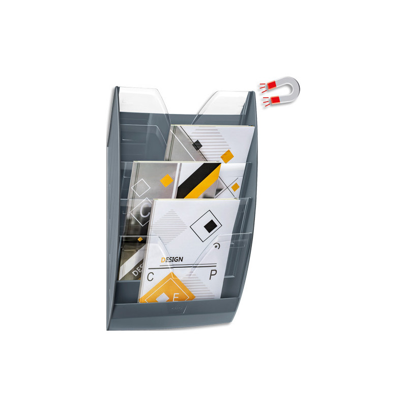 CEP Présentoir mural magnétique 5 compartiments. Jusqu&#39;à 7 kg. Dim (lxhxp) : 35x58x12,8 cm. Gris&#47;C